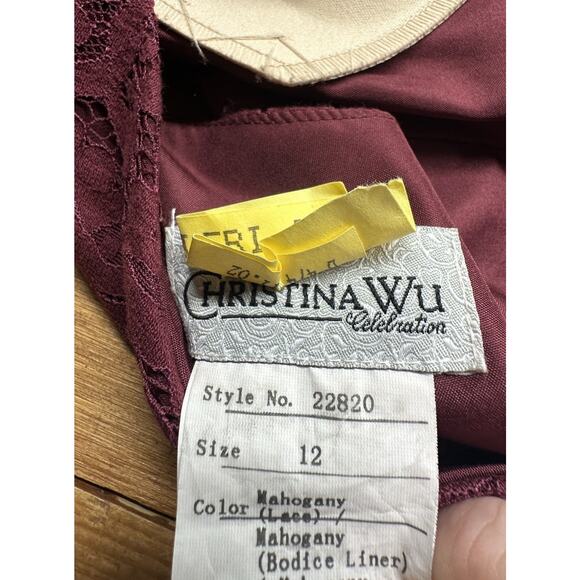 Christina Wu Celebration 22820 Mahogany Lace Bodice Chiffon Gown Size 12 Formal - Picture 7 of 9